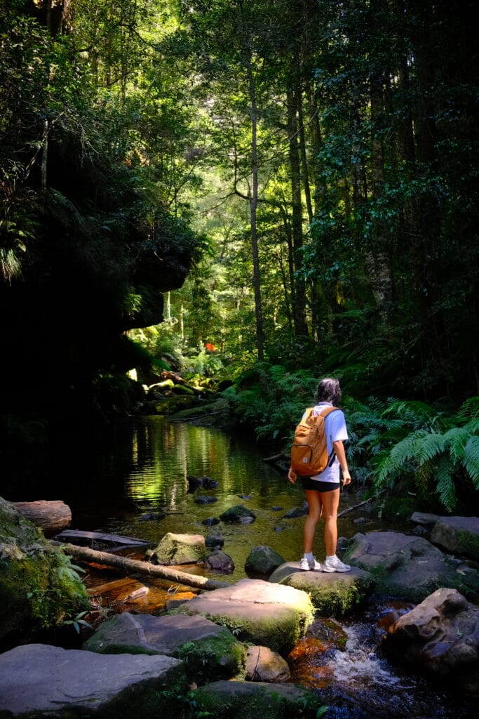 Girl crossing a flowing lake