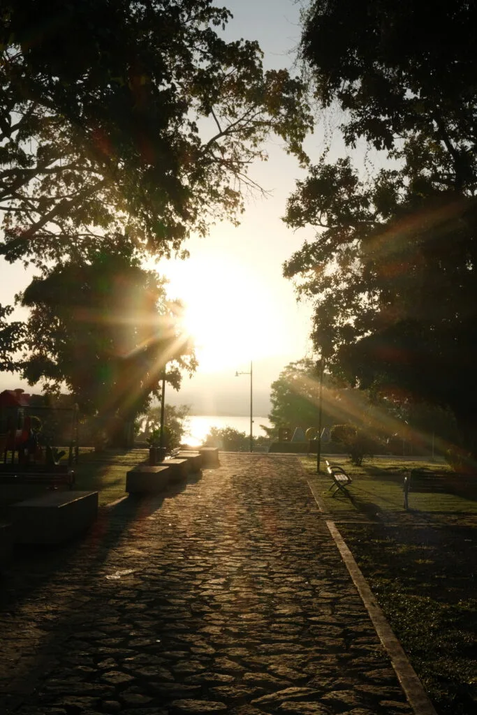 Shining sunlight illuminates a cobble stone road