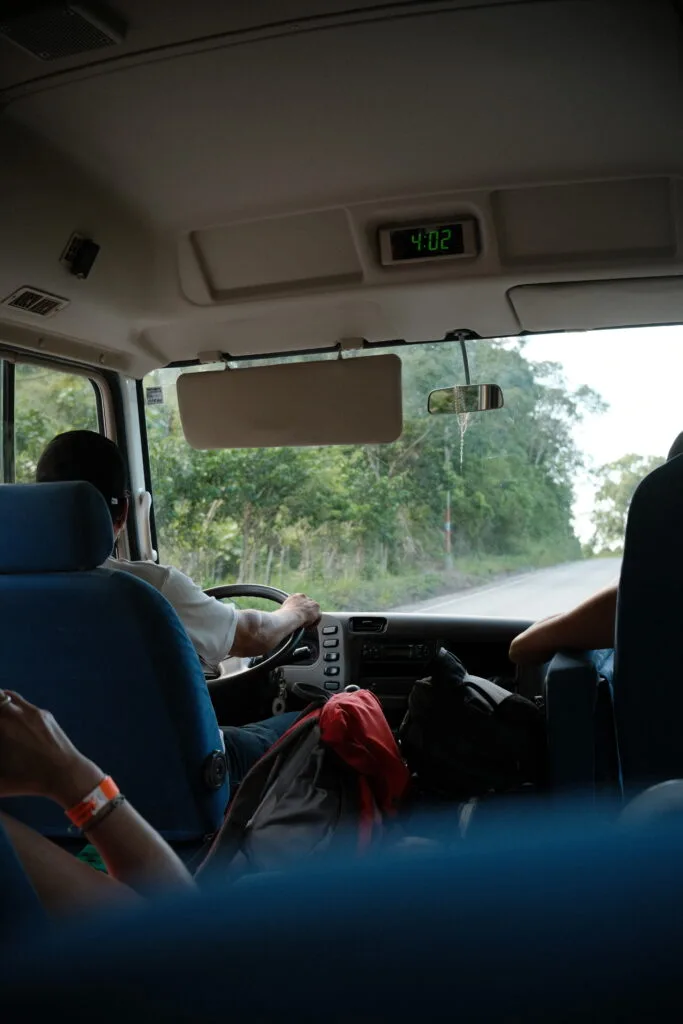 View from inside a bus showing the driver from behind, with the road stretching ahead with bright green trees on the side of the road