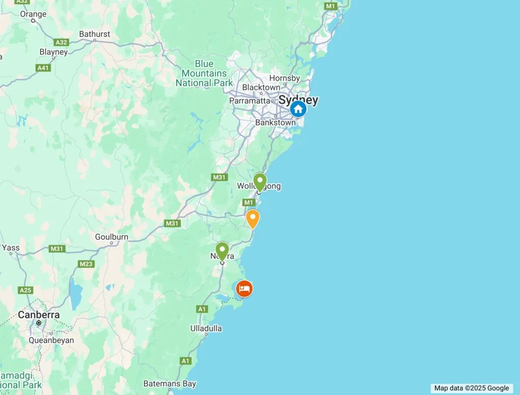 Honeymoon Bay Map Map showing home icon in Sydney, a green icon in Wollongong, an orange icon in Nowra, a green icon in Nowra and a red sleeping icon in Honeymoon Bay.