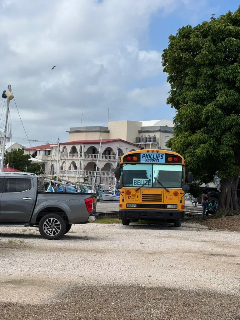 Yellow school bus with a sign reading "Belize"