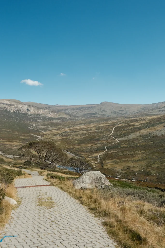 A long section of the Main Range Track with mountains in the distance.