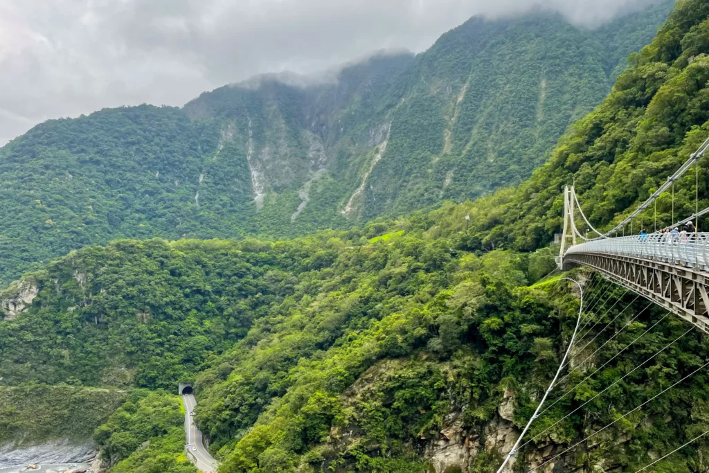 Suspension bridge over mountain range in Taroko