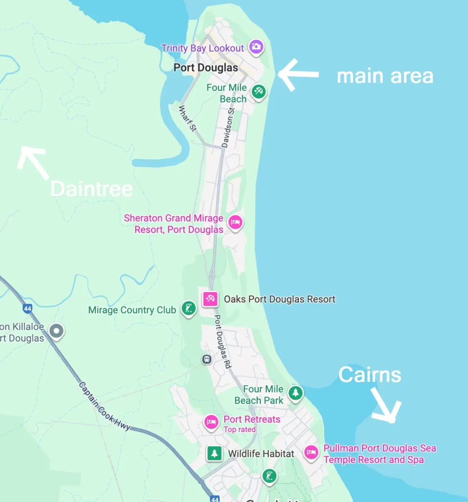 map showcasing Port Douglas in full, with the main area being at the top, Cairns pointing down, and the Daintree pointing towards the top left